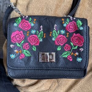 Floral Embroidered Black Chain Bag